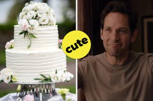 A two tier wedding cake covered in roses and Paul Rudd as Scott Lang in the movie "Ant-Man."
