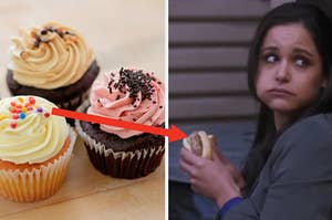 Three various flavors of cupcakes sit on a table and Melissa Fumero as Amy Santiago in the show "Brooklyn Nine Nine."
