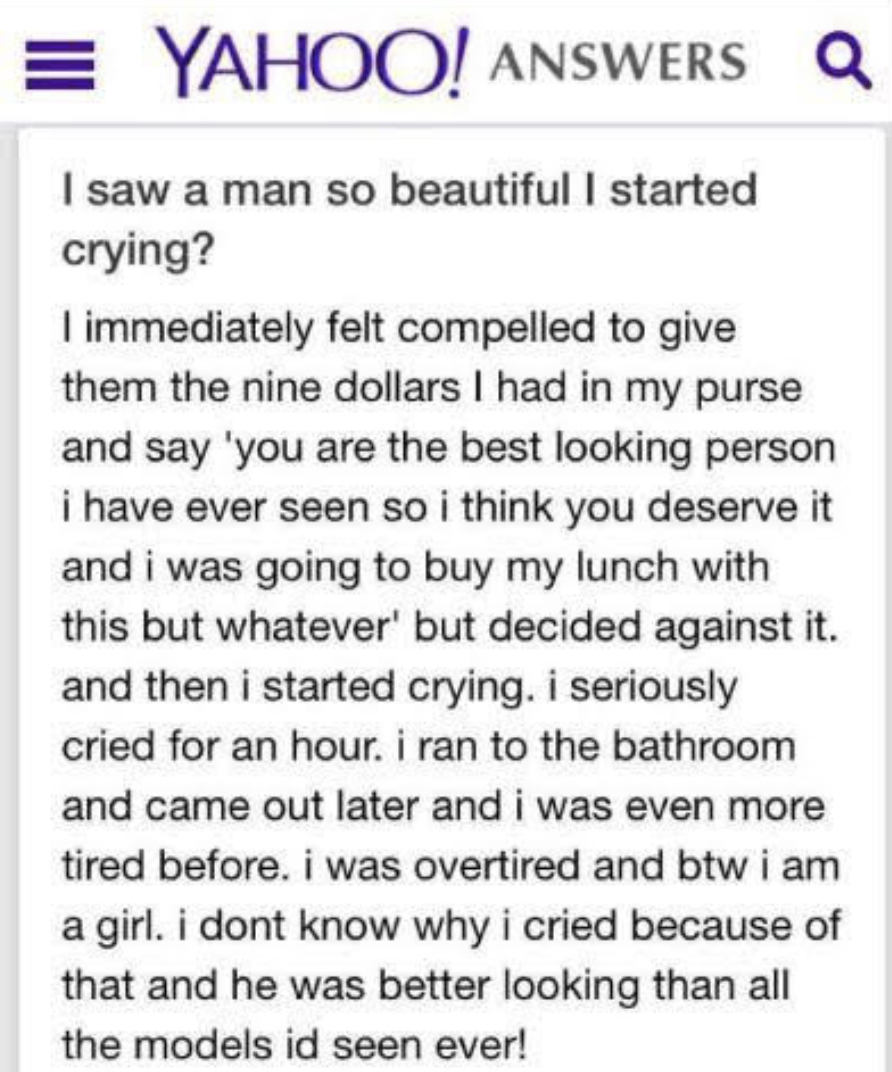 A post by a woman about how she cried because she saw a man so beautiful 
