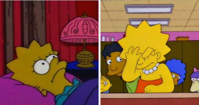 Lisa from "The Simpsons" staring at the ceiling in bed; Lisa at school angrily palming her face
