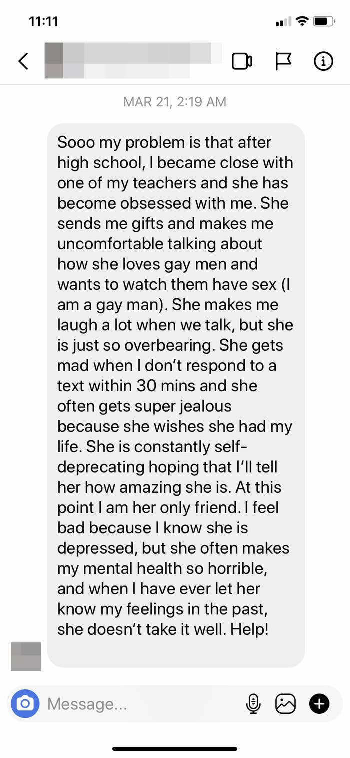 screenshot of an Instagram DM from someone who is being harassed via text by their old high school teacher