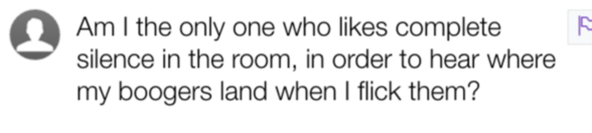 Someone asking if other people like the room to be silent so they can hear where their boogers land when they flick them