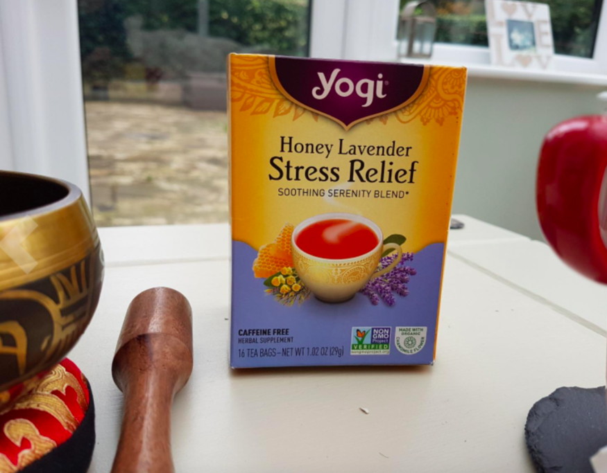 A customer review photo of the box of stress relief tea