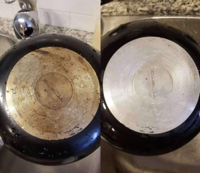 reviewer before and after photo of pan with rust stains on left and less rust stains on right