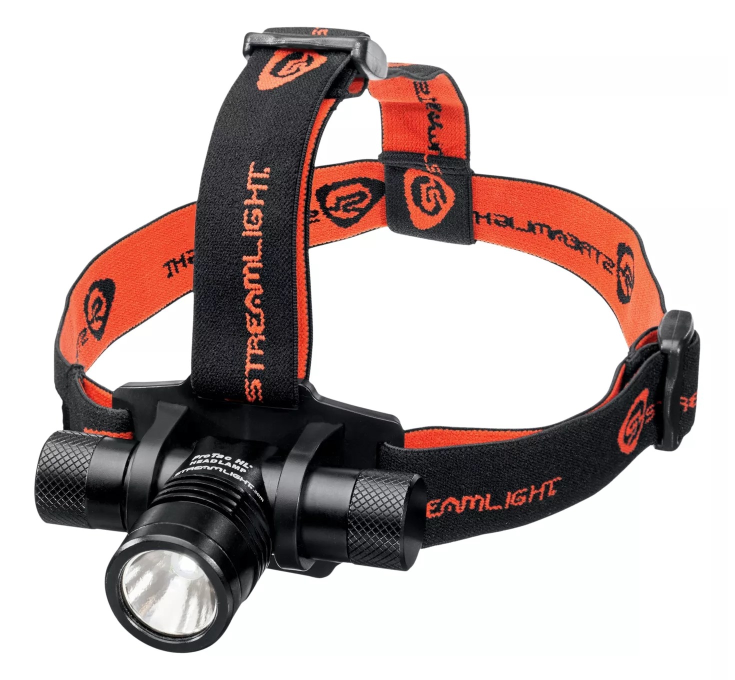 a flashlight with orange and black head straps