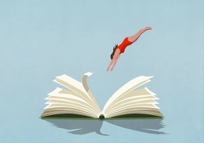 illustration of a woman diving into the pages of an open book