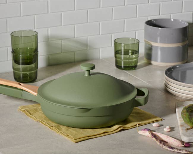 Green pan on a counter