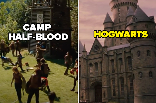An image of Camp Half-Blood is on the left with Hogwarts on the right