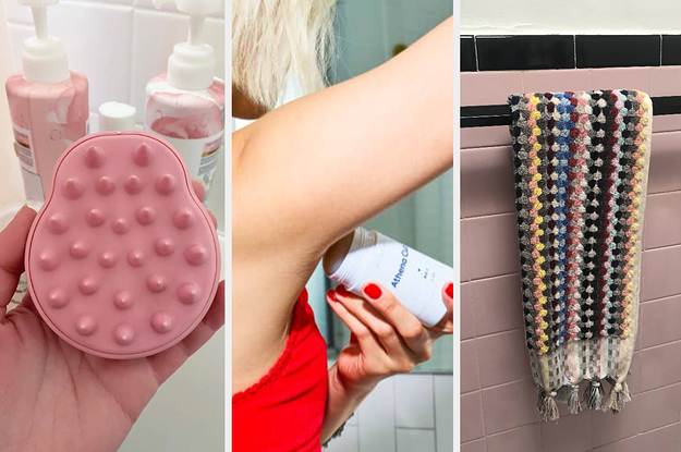 three panels showing a hand holding a scalp scrubber, a model applying deodorant, and a multicolored woven hand towel on a towel rack