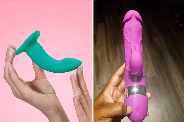hands holding a flared base dildo and hand holding a realistic rabbit vibe