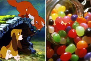 The Fox and the Hound are hanging on a log while looking at each other as a can of Jelly Beans are on the right