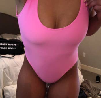 A customer review photo showing a close-up of the swimsuit