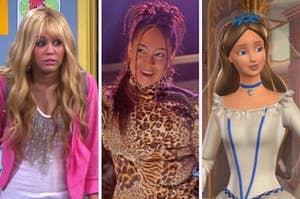 On the left, Miley Cyrus as Hannah Montana, in the middle, Raven-Symone as Galleria in "The Cheetah Girls," and on the right, Erika from "Barbie as the Princess and the Pauper"