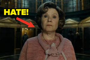 Dolores Umbridge with an arrow pointing at her that says "hate!"