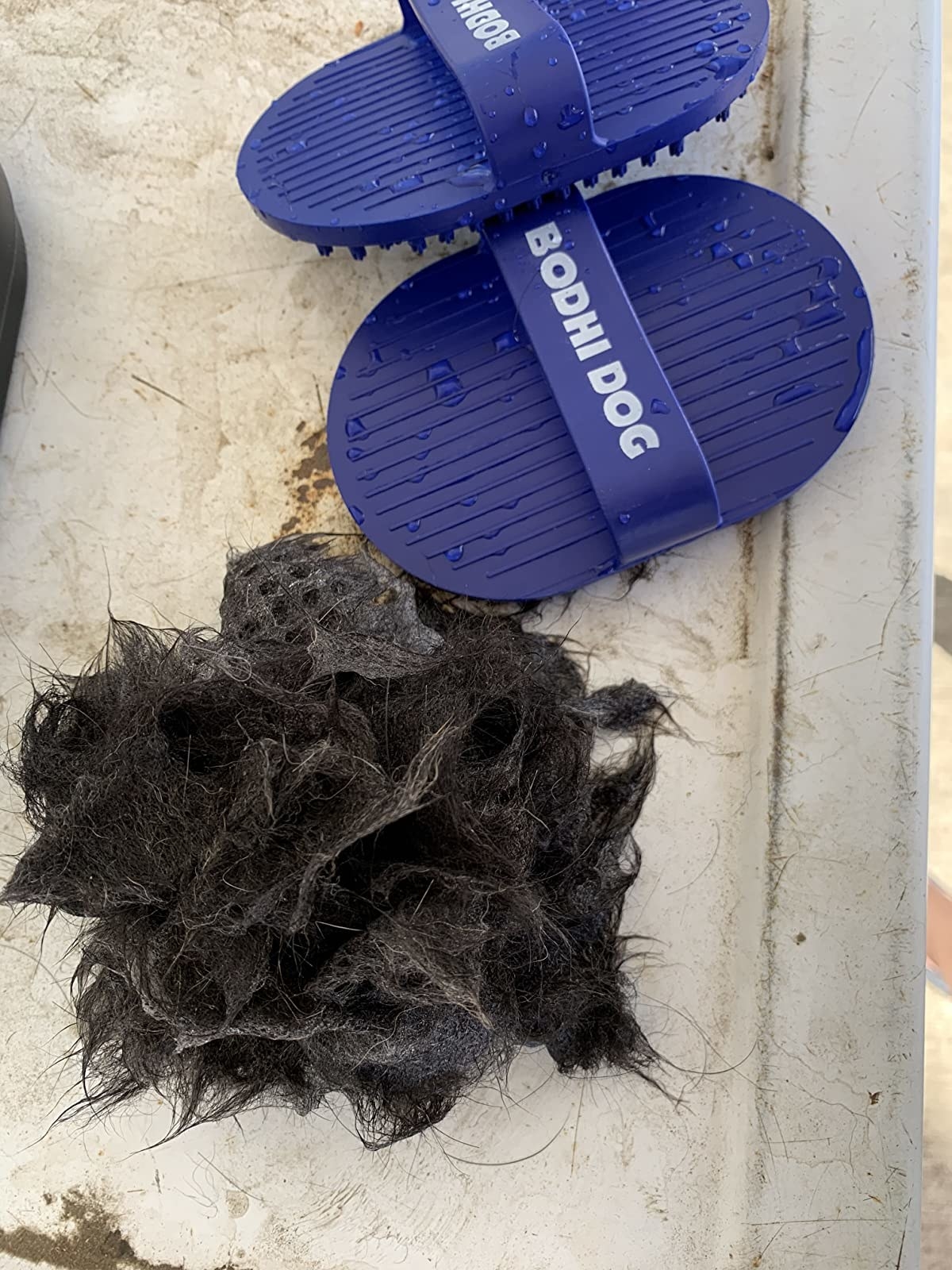 a reviewer&#x27;s blue brush next to a pile of shed fur