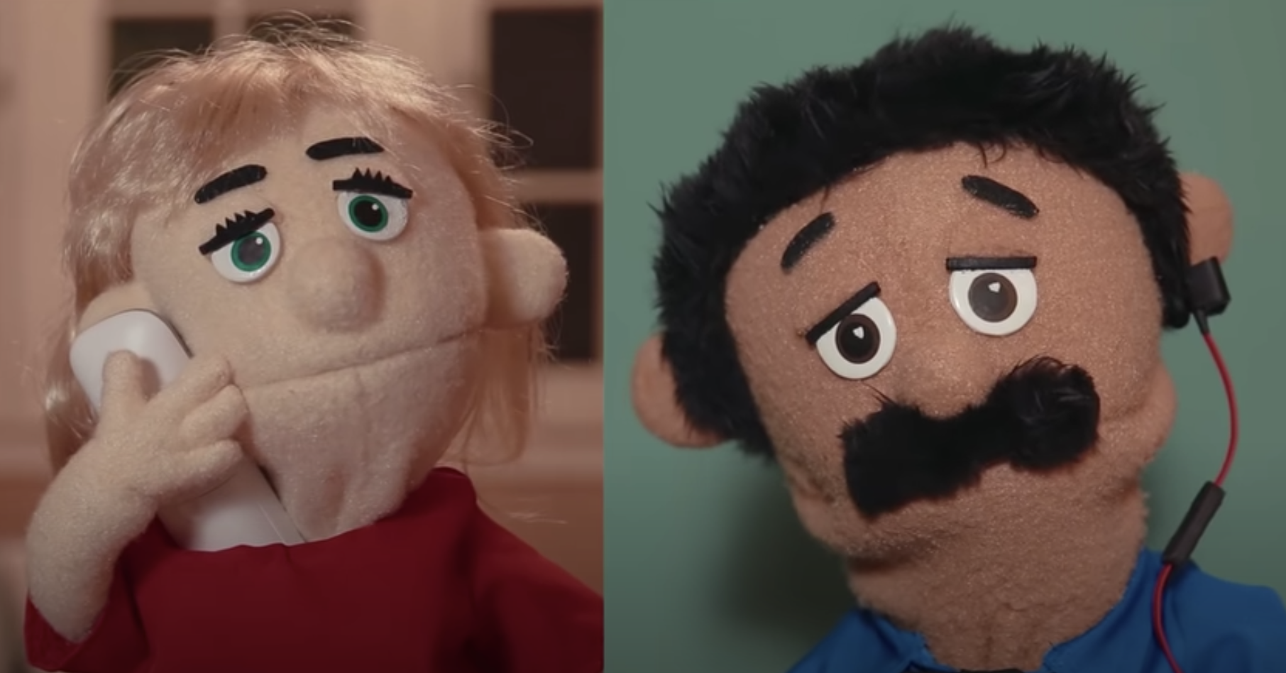 Two puppets speak to each other on the phone.