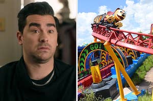 David from "Schitt's Creek" is on the left looking confused with a roller coaster on the right