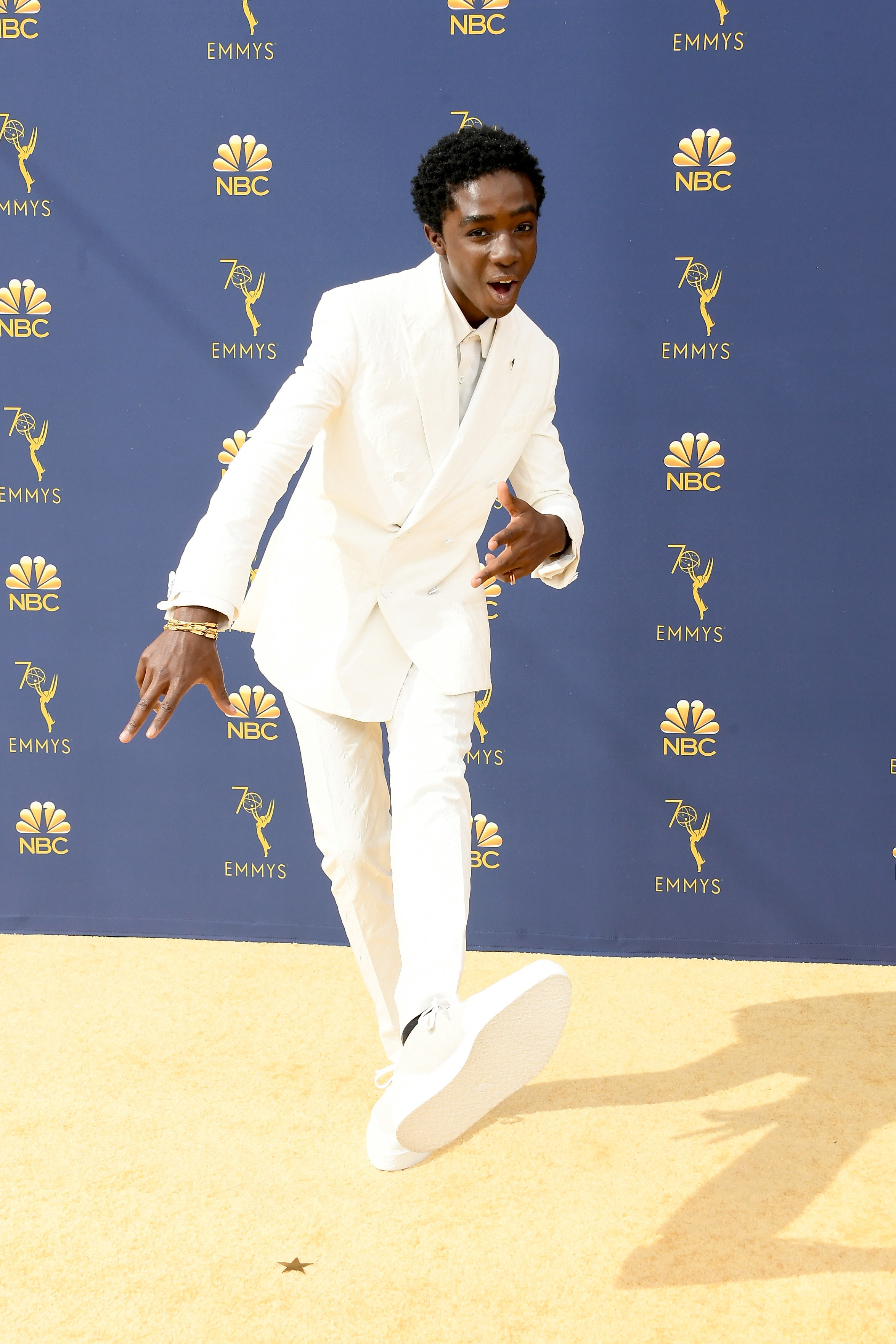 Caleb is wearing a head-to-toe monochromatic white suit at the Emmys. 