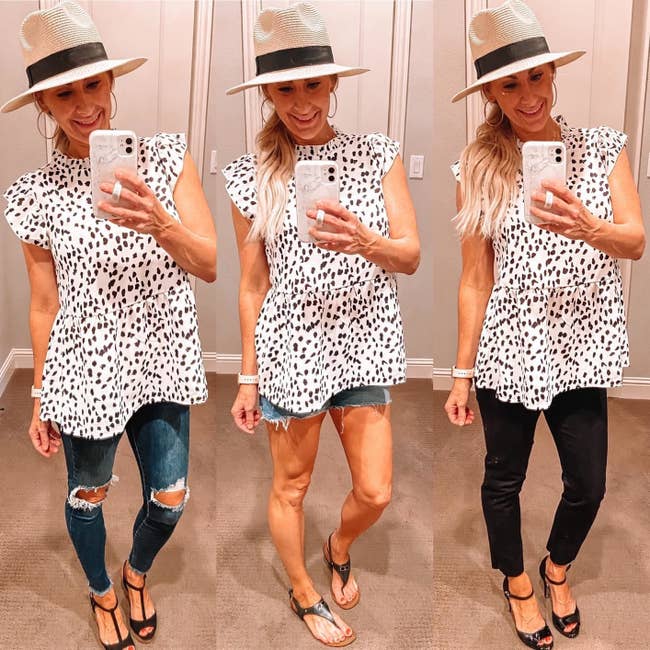 a reviewer wearing the white and black top in three different ways