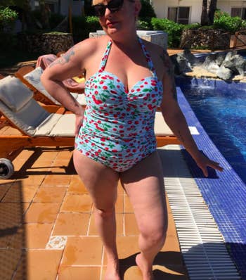 A customer review photo of them wearing the suit pool side