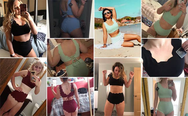 A collage of different reviewers in the two piece high waisted suits with scallop edges in black, blue, light green, and burgundy