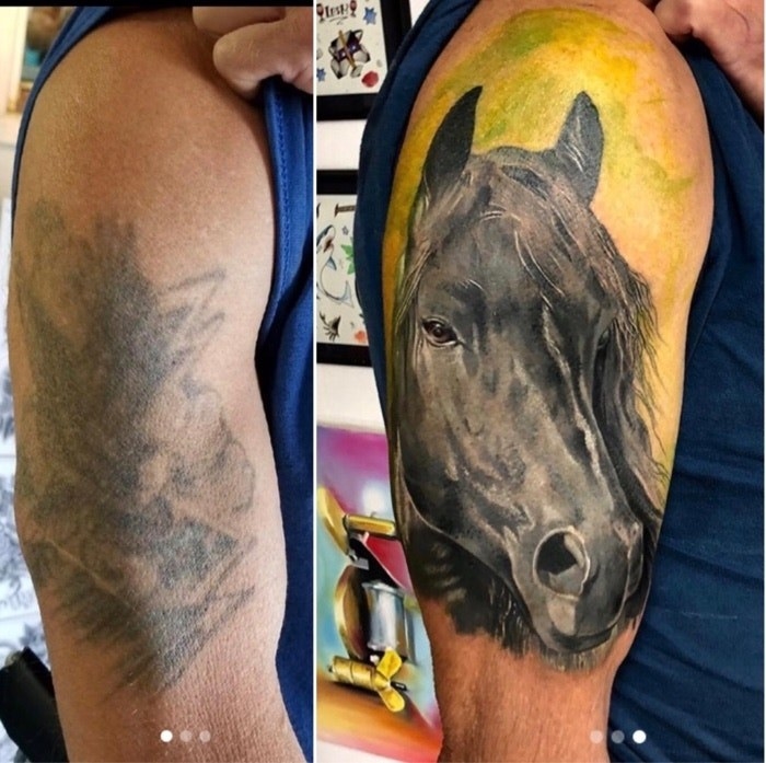 A huge very faded tattoo and a huge cover-up of a horses face