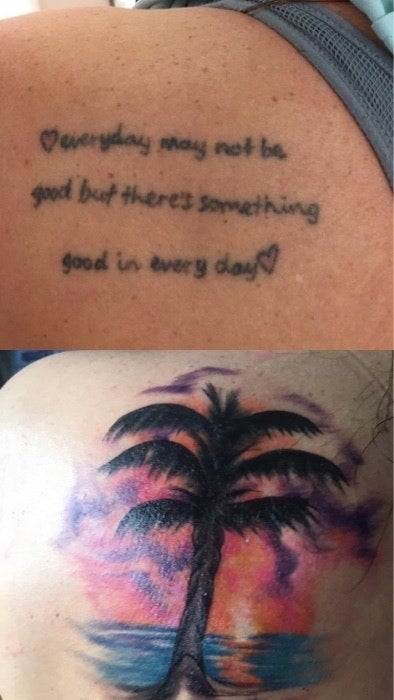 A tattoo of a quote and a colorful cover-up of a tree, the ocean, and sunset
