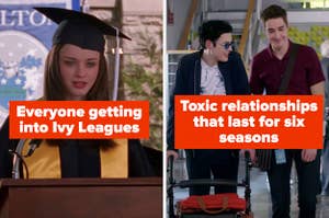 Rory from "Gilmore Girls" labeled "Everyone getting into Ivy Leagues" alongside Tristan and Miles from "Degrassi" labeled "toxic relationships that last six seasons"