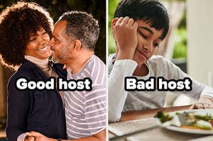 Couple with the words "Good host" and upset kid with the words "Bad host"