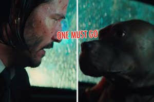 John Wick and his dog with the words "one must go" over top