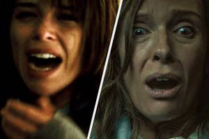 split image of two women scared and shocked from two movies, on the left is Neve Campbell from the movie scream and on the right is Toni Collette from the movie hereditary 