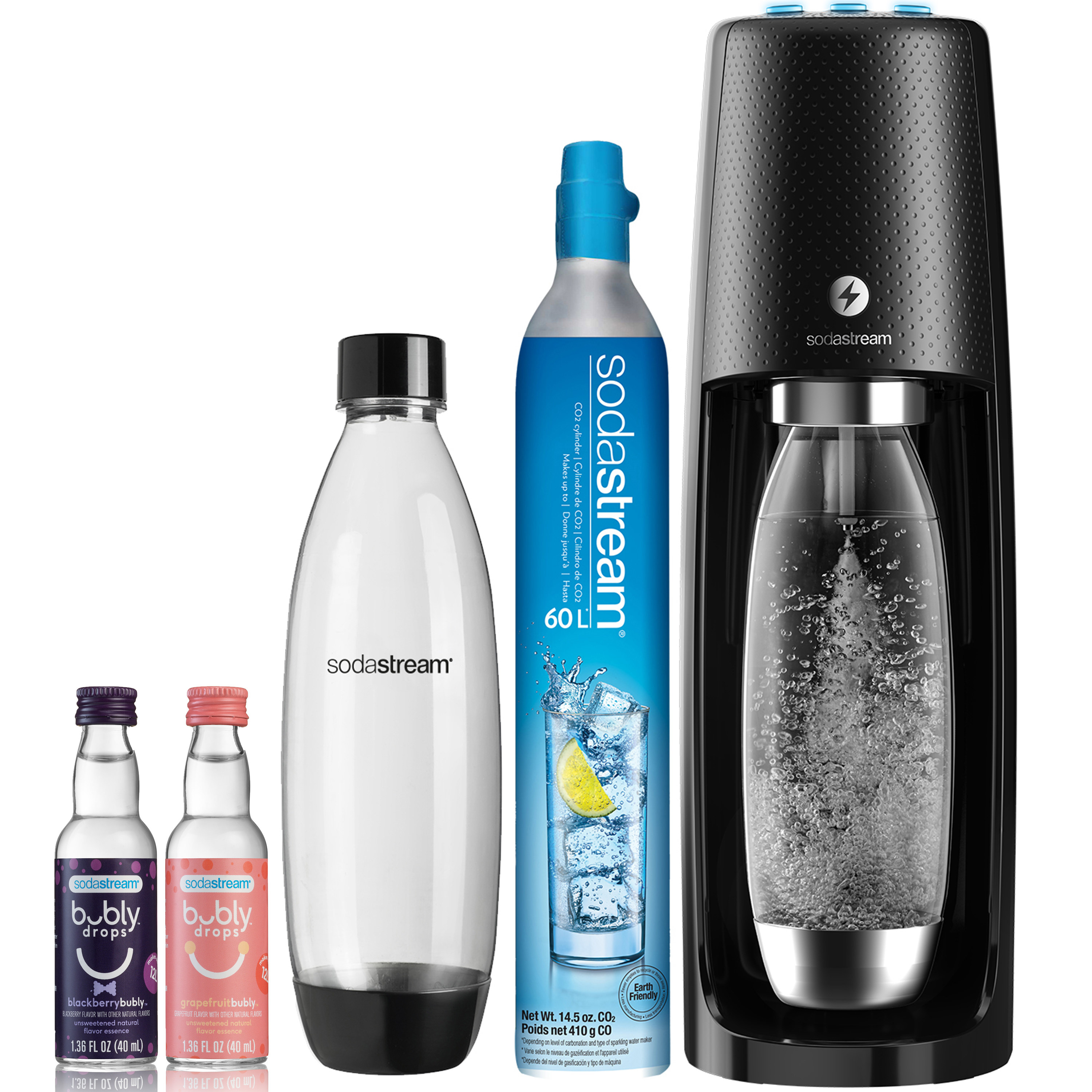 the flavor drops, carbonation bottle, canister, and SodaStream