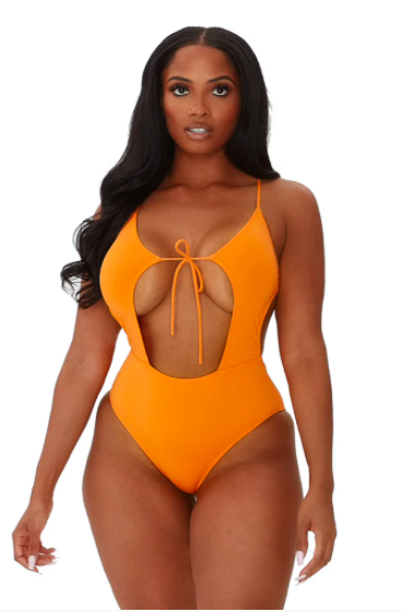 orange one piece with cut out middle and tie around the chest 
