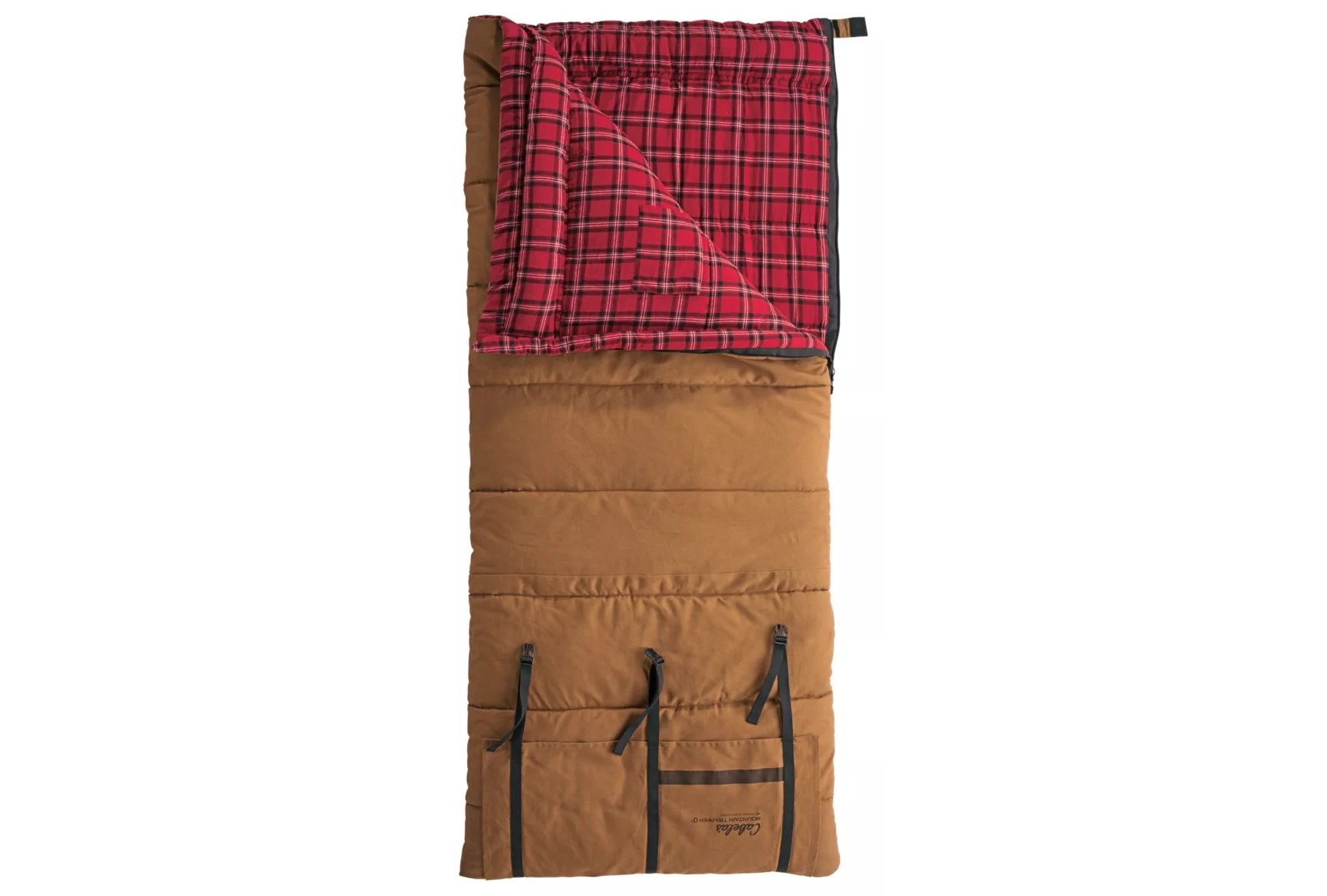 The brown sleeping bag with red plaid interior