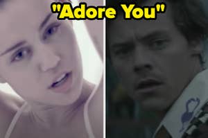 Miley Cyrus is on the left with Harry Styles on the right labeled, "Adore You"