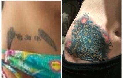A faded tattoo of angel wings and initials and colorful cover-up of flower