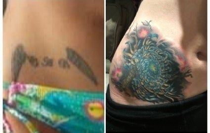 A faded tattoo of angel wings and initials and colorful cover-up of flower