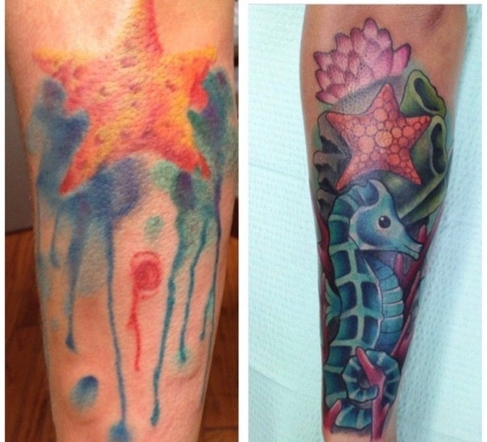 A blotchy tattoo of a starfish and beautiful cover-up an underwater scene 