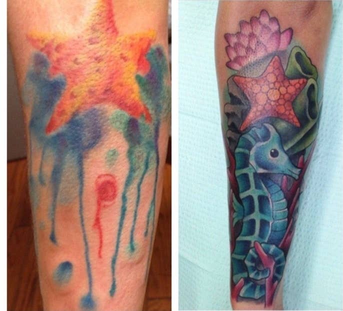 A blotchy tattoo of a starfish and beautiful cover-up an underwater scene 
