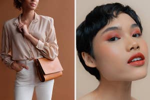L: Model wearing tan crossbody bag R: Model wearing peachy blush