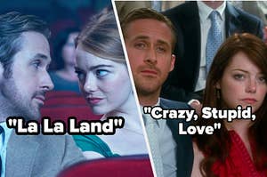 Ryan Gosling as Sebastian "Seb" Wilder and Emma Stone as Mia Dolan in the movie "La La Land" and Ryan Gosling as Jacob Palmer and Emma Stone as Hannah Weaver in the movie "Crazy, Stupid, Love."