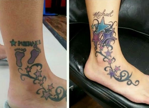 A poorly done tattoo of stars and footprints with the name &quot;Michael&quot; and a cover-up of bigger stars and the name &quot;Michael&quot;