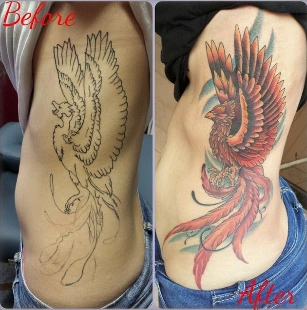 A half-done tattoo of a phoenix a completed colorful version
