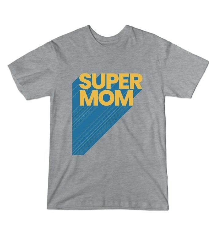 gray t-shirt with blue and yellow &quot;super mom&quot; graphic