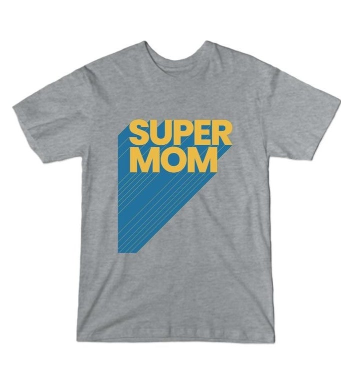 gray t-shirt with blue and yellow "super mom" graphic