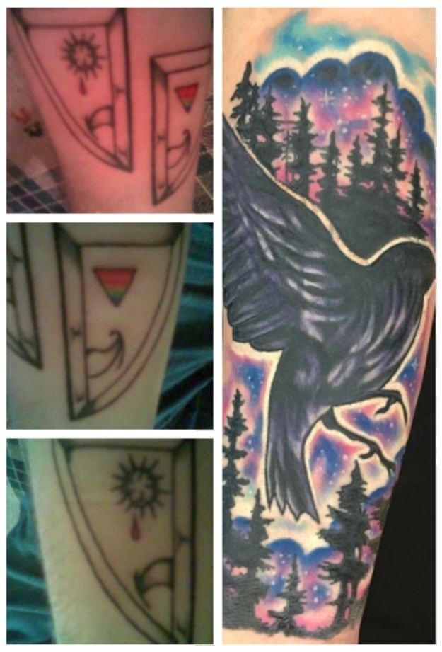 A bad tattoo of the comedy and tragedy masks and a huge cover-up of a bird and trees