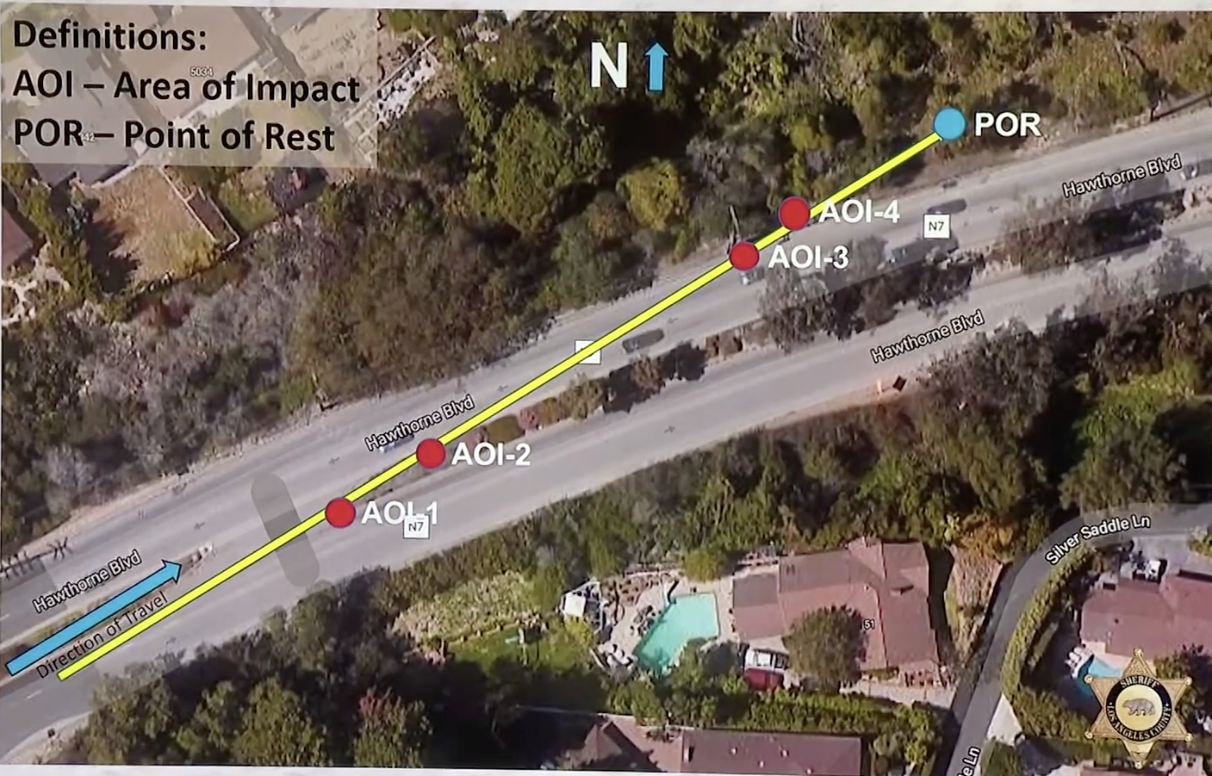 An aerial view of the site of the crash shows &quot;areas of impact&quot; and &quot;point of rest&quot; where the SUV drove through opposing lanes of traffic