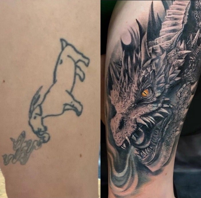 A tattoo outline of a goat smoking and huge cover-up of a dragon