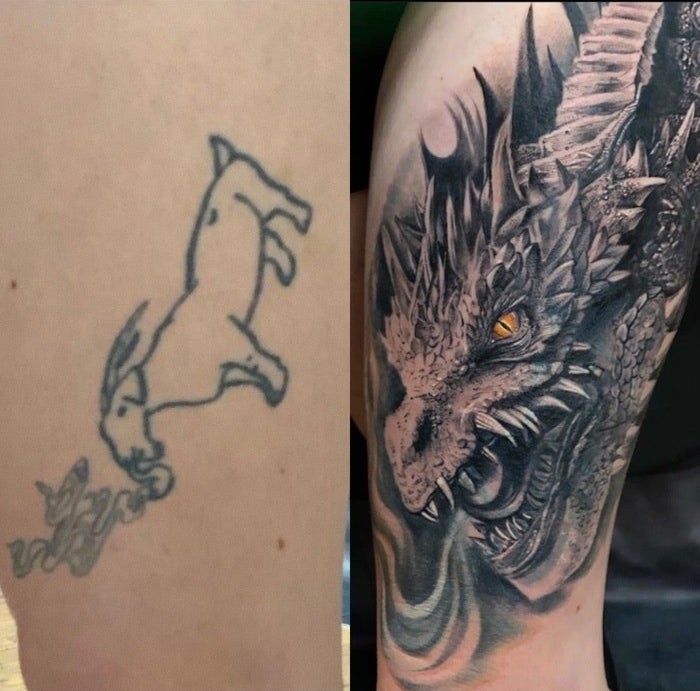 A tattoo outline of a goat smoking and huge cover-up of a dragon