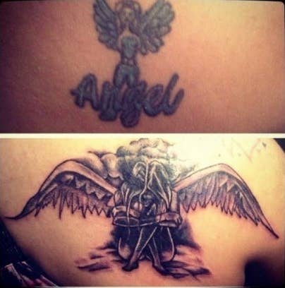 A poorly done tattoo of an angel and a beautiful cover-up of an angel